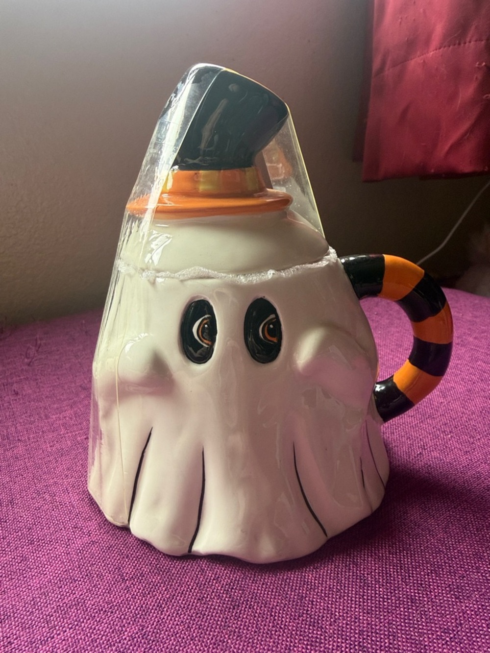 Ceramic Transpac Ghost Mug with Striped Handle and Lid